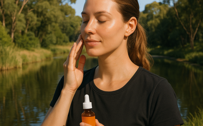Woman applying vitamin C serum near a pond