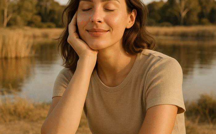 Woman in sunlit park with glowing skin