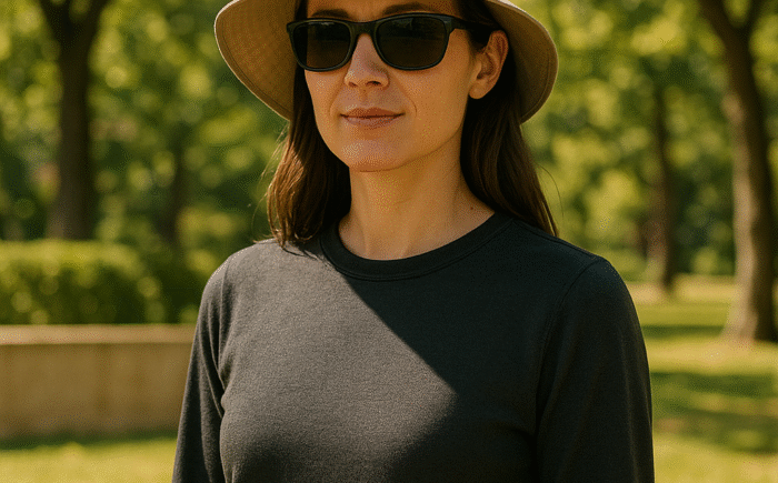 Woman in park with UV protection hat and sunglasses