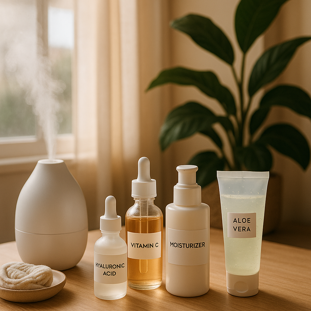 Variety of skincare products on a beige surface with natural lighting, highlighting aloe vera, hyaluronic acid, and vitamin C against a beige wall.