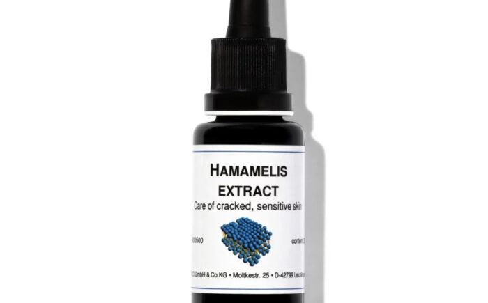 Black dropper bottle labeled "Hamamelis Extract" for sensitive skin care.