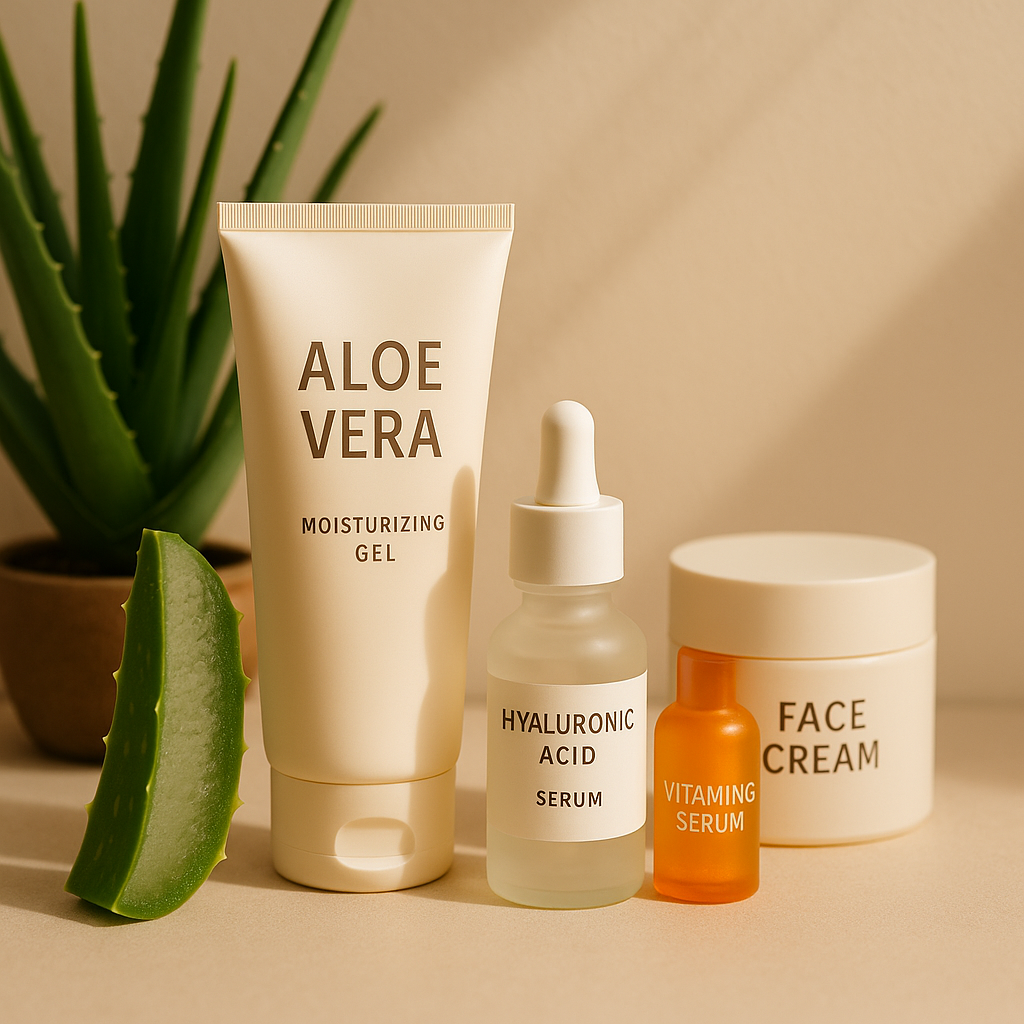 Indoor setting showcasing skincare products on a vanity, with a humidifier, leafy plant, and natural lighting.